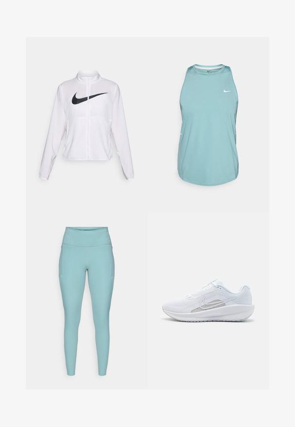 Giacca Nike bianca con maniche lunghe, colletto alto, chiusura con zip e un prominent logo swoosh nero sulla parte anteriore. Tessuto liscio e leggero.; Canottiera atletica senza maniche di colore azzurro chiaro, realizzata in materiale sintetico liscio. Presenta un colletto rotondo e un piccolo logo bianco sul davanti.; Leggings azzurri chiari realizzati in materiale elasticizzato, caratterizzati da un'alta vita, design senza cuciture e minimi accenti bianchi sui lati.; Scarpa sportiva bianca con tomaia in rete, punta arrotondata e suola testurizzata. Presenta il logo Nike in argento e un design minimalista.
