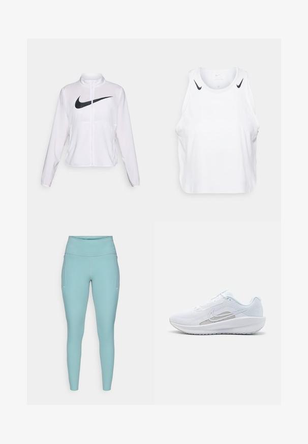 Giacca Nike bianca con maniche lunghe, colletto alto, chiusura con zip e un prominent logo swoosh nero sulla parte anteriore. Tessuto liscio e leggero.; Top senza maniche bianco realizzato in tessuto leggero, con accenti del logo Nike nero sulle spalle, scollatura rotonda e vestibilità morbida.; Leggings azzurri chiari realizzati in materiale elasticizzato, caratterizzati da un'alta vita, design senza cuciture e minimi accenti bianchi sui lati.; Scarpa sportiva bianca con tomaia in rete, punta arrotondata e suola testurizzata. Presenta il logo Nike in argento e un design minimalista.
