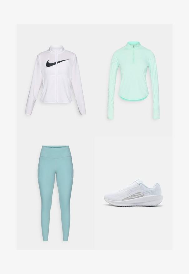 Biała kurtka Nike z długimi rękawami, wysokim kołnierzem, zamkiem błyskawicznym oraz wyraźnym czarnym logo swoosh z przodu. Gładki, lekki materiał.; Miętowa, długosleeve'owa koszulka sportowa z zamkiem przy kołnierzu, posiadająca dopasowany krój i gładki, lekki materiał.; Jasnoniebieskie legginsy wykonane z elastycznego materiału, z wysokim pasem, bezszwowym wzornictwem i minimalnymi białymi akcentami po bokach.; Białe sportowe buty z siateczkową cholewką, zaokrąglonym noskiem i teksturowaną podeszwą. Posiadają srebrny logo Nike i minimalistyczny design.