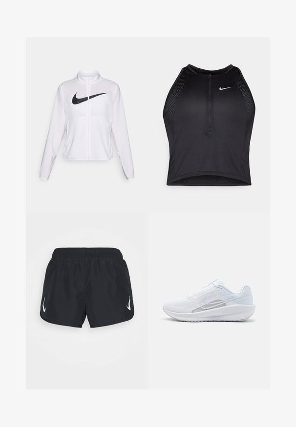 White Nike jacket with long sleeves, high collar, zip closure, and a prominent black swoosh logo on the front. Smooth, lightweight fabric.; Black athletic crop top with a zip-front, mesh accents, and a fitted design. Made from stretchy, breathable fabric. Nike logo on front.; Black sports shorts with an elastic waistband, featuring a white logo on the left side. Made from lightweight, smooth fabric.; White athletic shoe with mesh upper, rounded toe, and textured sole. Features a silver Nike swoosh and minimalistic design.