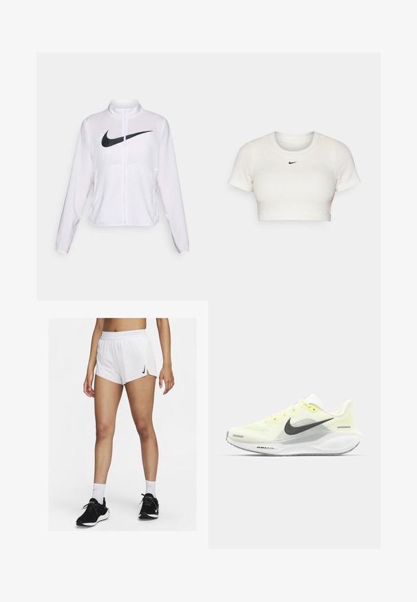 Chaqueta blanca de Nike con mangas largas, cuello alto, cierre de cremallera y un prominente logo negro del swoosh en la parte frontal. Tela suave y ligera.; Camiseta blanca recortada hecha de tela acanalada con mangas cortas y cuello redondo; presenta un pequeño logo negro de Nike en el pecho.; Pantalones cortos deportivos blancos con cinturilla acanalada, aberturas laterales y un logo negro de Nike. Se llevan con zapatillas negras y calcetines blancos hasta la mitad de la pantorrilla.; Zapatillas de correr Nike con una parte superior de malla en amarillo claro y blanco, detalles en gris y una suela de goma flexible. Cuenta con un cierre de cordones.