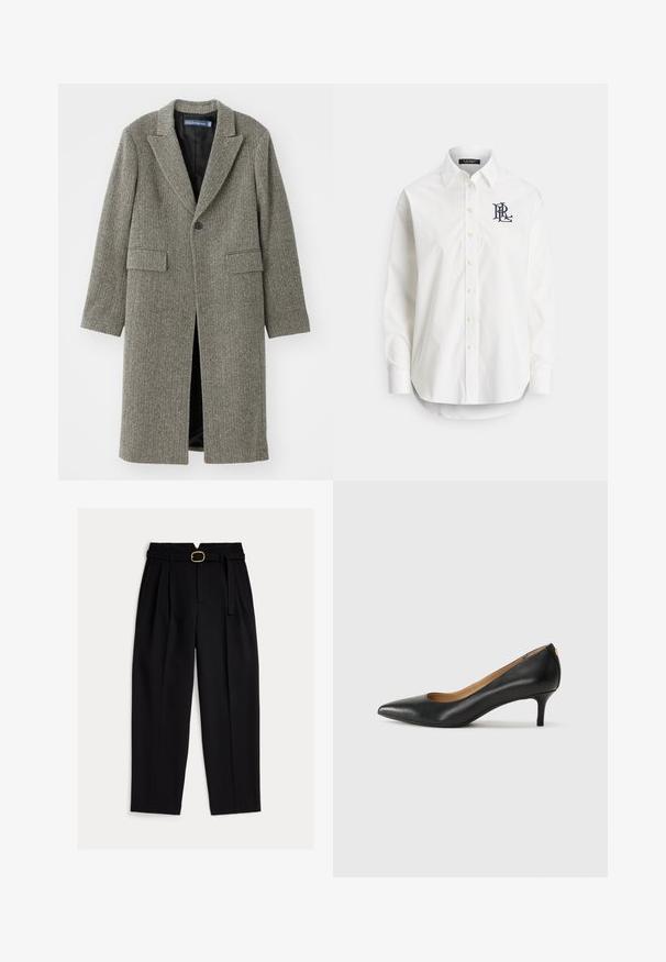 Melnas un pelēkas krāsas koši izstrādāts mētelis ar izsistu tipa apmali, vienu pogu, un divām priekšējām kabatām. Odere iekšpusē.; Balta kokvilnas krekla ar garām piedurknēm, smailu apkakli un tumši zilā krāsā izšūtu logo uz kreisā krūtīm. Apļa formas apakšmala.; Melnas, augsta vidukļa bikses ar jostu, priekšpusē bārkstotas un platām kājām. Izgatavotas no gludas auduma ar klasisku griezumu.; Melnas ādas augstpapēžu kurpes ar pīlādžu purngalu, zemu papēdi un gludu virsmu. Raksturīga neliela atvere priekšā un minimāls aprīkojums aizmugurē.