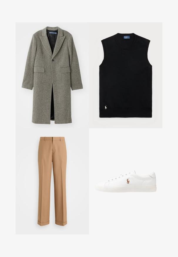 Casaco com padrão pied-de-poule em tons de cinza, com lapela recortada, fecho de um botão e dois bolsos frontais. Interior forrado.; Sweater de algodão preto sem mangas com decote redondo. Apresenta um pequeno logotipo branco no canto inferior esquerdo e acabamentos canelados.; Calças bejes ajustadas com um design de perna reta, feitas de tecido suave, com pregas na frente e punhos enrolados na barra.; Sapatilhas de couro brancas, design de cano baixo, com textura suave, biqueira redonda, atacadores à frente e um pequeno logótipo bordado na lateral.