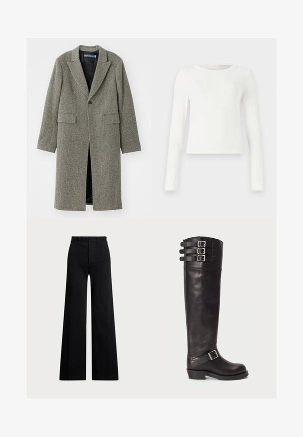 Houndstooth-patterned coat in shades of gray, featuring a notched lapel, single button closure, and two front pockets. Lined interior.; White long-sleeve ribbed top with a crew neck. Smooth texture, fitted design, and no visible patterns or accents. Simple and minimalist style.; Black wide-leg pants made of woven fabric, featuring a high waist, front button closure, and side pockets. Smooth texture with clean lines.; Black leather knee-high boot with a rounded toe, three strap buckles at the top, and a side buckle detail. Flat sole and smooth texture.
