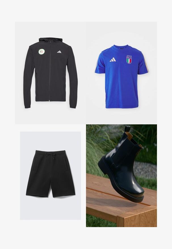 Black zip-up hoodie with a drawstring hood, featuring a circular green patch with a soccer design and white Adidas logo on the chest.; Blue cotton t-shirt with short sleeves, featuring a round neck, three white Adidas stripes on the shoulders, and an Italia logo with accents.; Black athletic shorts made of soft fabric, featuring an elastic waistband with a drawstring, and two front pockets. Smooth texture, knee-length cut.; Black leather chelsea boot with smooth finish, elastic side panels, rounded toe, and thick rubber sole, positioned above a wooden surface.