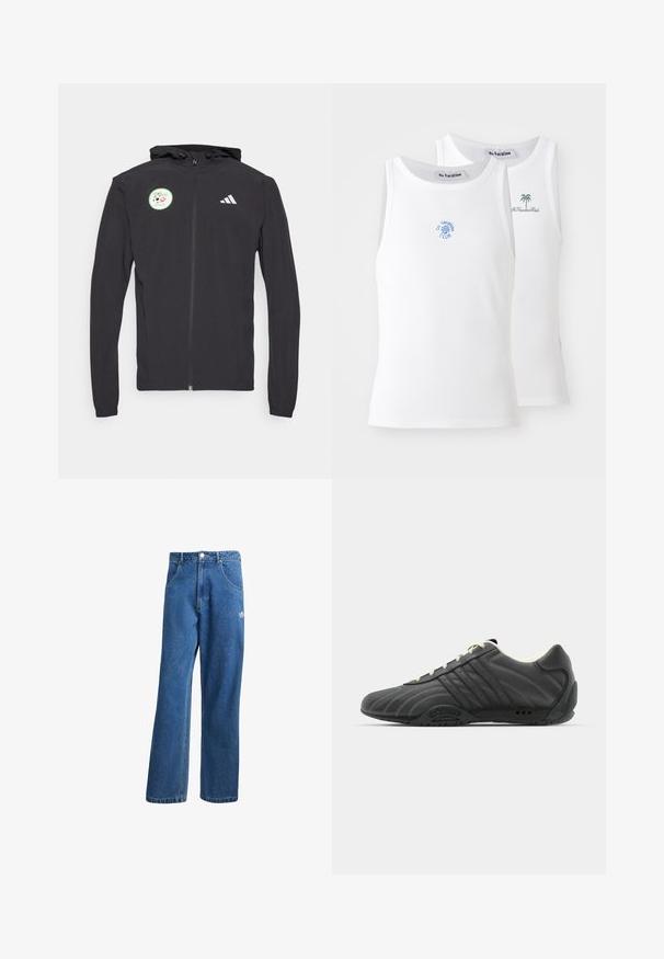 Black zip-up hoodie with a drawstring hood, featuring a circular green patch with a soccer design and white Adidas logo on the chest.; Two white tank tops, ribbed texture, featuring blue and green embroidered logos. One has a sun design, the other a palm tree.; Blue high-waist wide-leg denim jeans with front pockets, belt loops, button closure, and small Adidas logo on the right thigh.; adidas Originals ADIRACER UNISEX - Trainers - core black/cream white