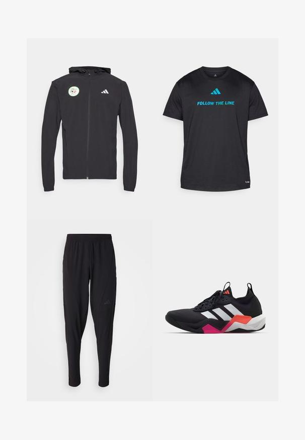 Schwarze Zip-Hoodie mit einer Kordelzugkapuze, die ein rundes grünes Patch mit einem Fußballdesign und dem weißen Adidas-Logo auf der Brust zeigt.; Schwarzes Sport-T-Shirt aus leichtem Stoff, mit "FOLLOW THE LINE" in leuchtendem Blau und einem kleinen Logo nahe dem Saum.; Schwarze Sporthosen mit elastischem Bund, tailliertem Design, Seitentaschen und dezenten Logo-Details. Hergestellt aus flexiblem, atmungsaktivem Material.; Schwarzer Sportschuh mit weißen Streifen, strukturierter Oberseite und einer klobigen Sohle, die orangefarbene, rosa und weiße Akzente aufweist. Geflochtenes Design mit Zugschlaufe.