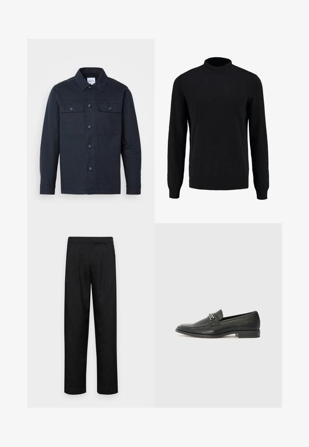 Mörkblå knappad skjorta i en bomullsblandning, med två bröstfickor och en klassisk krage.; Svart stickad tröja med hög krage, långa ärmar och ribbstickade muddkanter och fåll, med en slät textur och klassisk silhuett.; Svarta byxor i slät väv, med rak ben-design, två framfickor och standardmidja med bälteshällor.; Svart läderloafers med en slät yta, med en sydd design och en dekorativ metallkedjeaccent över västen. Platt häldesign.