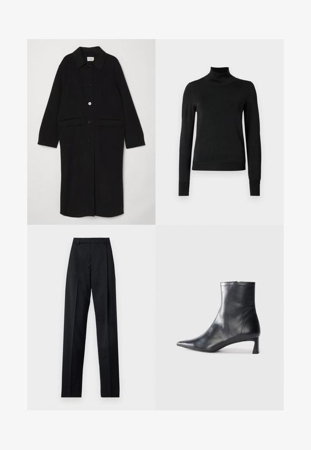 Zwarte wollen jas met een kraag, knopen aan de voorkant en twee grote opgestikte zakken. Rechte snit met lange mouwen.; Zwarte trui met lange mouwen en col, voorzien van geribde manchetten en zoom, weergegeven op een effen witte achtergrond.; Zwarte broek gemaakt van gladde stof met een hoge taille, wijde benen, voorplooien en klassieke ceintuurlussen. Geen zijzakken zichtbaar.; Zwarte leren enkellaars met een spitse neus en een slank ontwerp. Heeft een lage hak en een ritssluiting aan de achterkant. Gladde textuur.