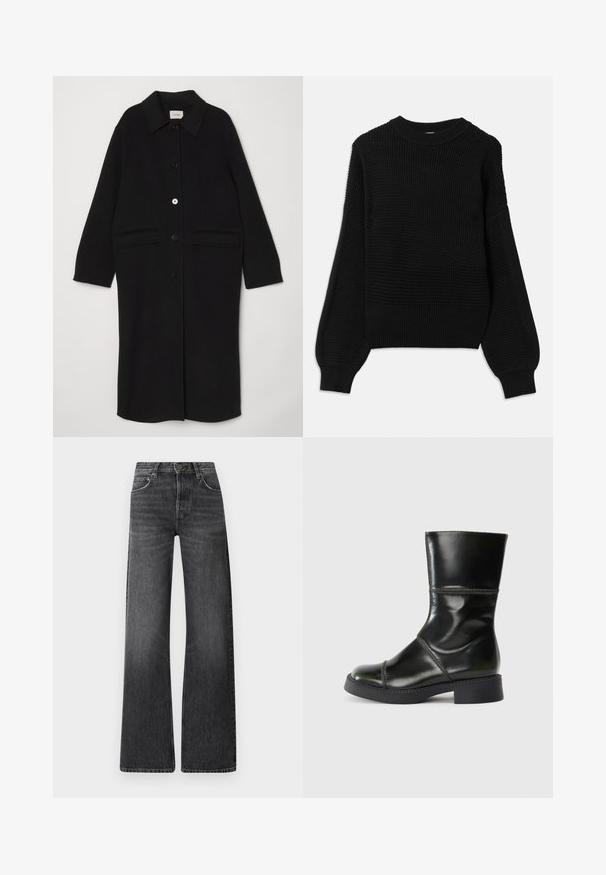 Musta villakotelo, jossa on kauluksellinen kaula-aukko, edessä napit ja kaksi suurta päällystaskua. Suora leikkaus pitkillä hihoilla.; Musta neulepaita, jossa on teksturoitu neulontasuunnittelu, ribbausaukko kaula-aukossa ja ylisuurilla ilmapallo hihoilla, joissa on sileä viimeistely.; Musta farkkuhousut, joissa on korkea vyötärö ja leveä lahjesuunnittelu. Ominaisuuksiin kuuluu viisi taskua ja hienovarainen haalistunut pinta, jossa on kontrastiset ompeluaccentit.; Musta nahkainen nilkkuri, jossa on pyöristetty kärki, sileä pinta, erottuva tikkaus ja lohkoalusta, jonka siluetti on hieman kapeneva.