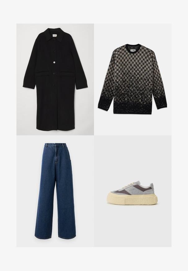 Μαύρο παλτό από μαλλί με κολάρο, μπροστινά κουμπιά και δύο μεγάλα πατσαβούρια. Ευθεία γραμμή με μακριά μανίκια.; Πλεκτό πουλόβερ με σχέδιο διαμαντιών σε μπεζ και μαύρο, με βαθμιαία αλλαγή χρώματος. Στρογγυλή λαιμόκοψη και μακριά μανίκια. Μαλακή υφή.; Τζιν με ψηλή μέση και φαρδύ πόδι σε σκούρο μπλε ντένιμ, με κλείσιμο μπροστά με κουμπί και φερμουάρ, θηλιές ζώνης και πλευρικές τσέπες.; Γκρι σουέτ αθλητικά παπούτσια με επένδυση από πλέγμα, κρέμα σόλα και στρογγυλή μύτη. Διαθέτουν μπεζ κορδόνια και διακριτές τρυπώσεις στα πλάγια.