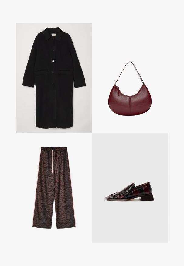 Sort uldfrakke med krave, frontknapper og to store påsyede lommer. Lige snit med lange ærmer.; Marineblå kortærmet T-shirt lavet af blødt bomuld, med en klassisk rund hals og en afslappet pasform, uden synlig branding eller mønstre.; Leopardmønstrede bukser med vide ben i brune og sorte nuancer, med en elastisk talje og lyserøde snore samt lyserøde striber på siden. Glat stofstruktur.; Mørk burgunder lakeret læderloafer med tekstureret overflade, lav blokhæl og klassisk penny-stropdetalje, vist fra siden.; Bordeaux læderhåndtaske med en buet form. Har en enkelt skulderrem og en lynlåsåbning på toppen, der fremhæver en glat, tekstureret overflade.