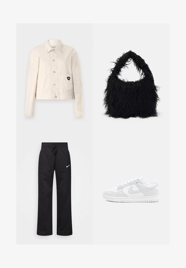 Lys beige denimjakke med lange ærmer, krave, trykknapper, to frontlommer og et hjerteformet sort logo på den venstre lomme.; Nike Sportswear COZY LOGO - Sweatshirt - black; Sorte sweatpants lavet af en bomuldsblanding, med en snøre i taljen, lige ben og et hvidt Nike-logo på venstre side.; Hvide Nike sneakers med en kombination af struktureret læder og ruskind, lavt design, rund tå og mønstret gummisål.; Even&Odd Shopping bags - black