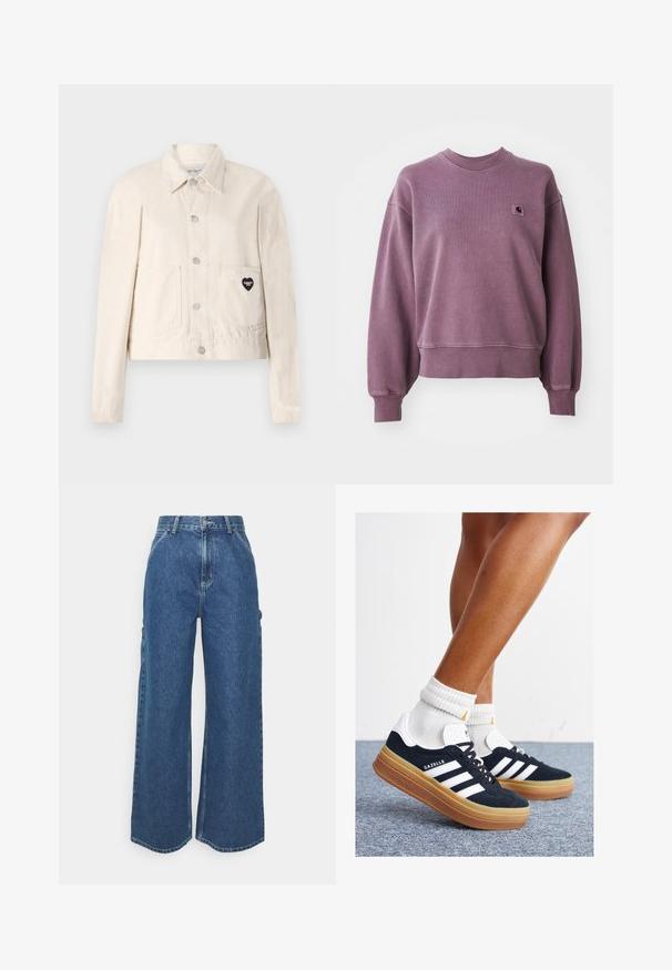 Lys beige denimjakke med lange ærmer, krave, trykknapper, to frontlommer og et hjerteformet sort logo på den venstre lomme.; Lilla crewneck sweatshirt med ribbede manchetter og kant, med et lille firkantet Carhartt-logo-patch på venstre bryst.; Bredde ben blå denimbukser med høj talje, kontrastsyede sømme og sidelommer, med et klassisk fem-lomme design og rå kanter.; Sorte sneakers i ruskind med hvide striber og detaljer, rundet tå, ydersål i gummi, kombineret med hvide ribstrikkede crew sokker.