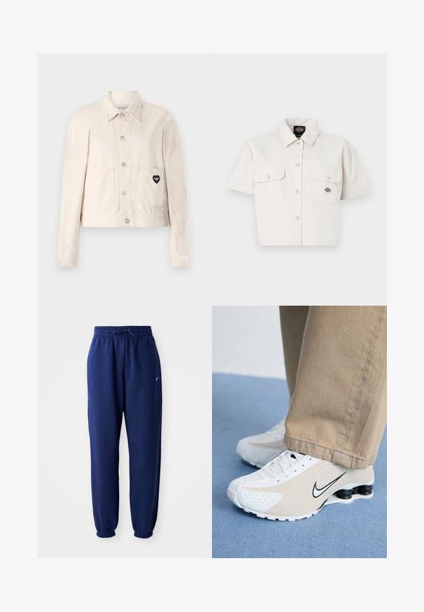 Világos bézs farmerdzseki hosszú ujjal, gallérral, patentgombokkal, két elülső zsebbel és egy szív alakú fekete logóval a bal zseben.; Rövid ujjú, cropped fehér ing, pamutból készült, két mellzsebbel, gombos elejével és logós folttal a bal zseben.; Navy kék sportnadrág puha anyagból, elasztikus derékpánttal és zsinórral, elasztikus mandzsettákkal és egy kis fehér logóval.; Fehér és bézs Nike sportcipők perforált dizájnnal, fekete swoosh logóval, textúrás felsőrésszel és jellegzetes ruganyos fekete sarokkal.