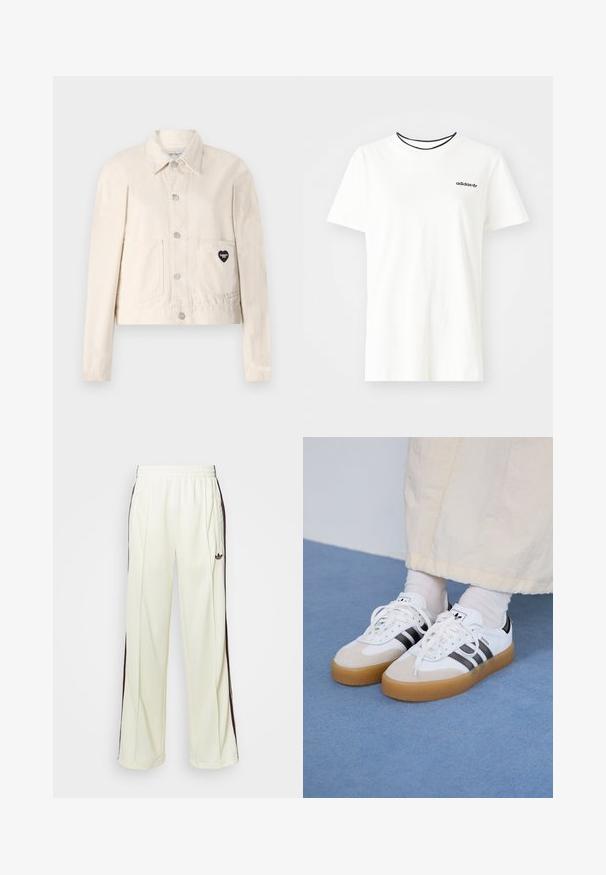 Lys beige denimjakke med lange ermer, krage, trykknapper, to frontlommer, og et hjerteformet svart logo på venstre lomme.; Hvit bomull t-skjorte med korte ermer og rund hals. Har en svart Adidas-logo på brystet og en kontrasterende svart indre krage.; Kremfargede joggebukser med en avslappet passform, som har mørkebrune sidestriper og en brodert logo på venstre lår.; Hvite sneakers med svarte striper og beige semsket skinn-detaljer. Har en teksturert gummisåle og flate hvite snører, brukt med lyse sokker.