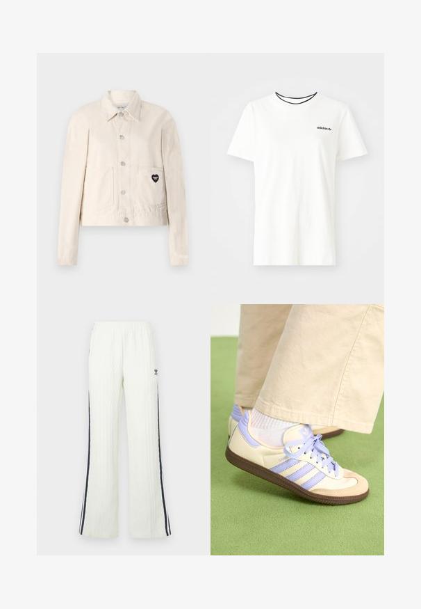 Svetlo béžová denimová bunda s dlhými rukávmi, golierom, cvokmi, dvoma prednými vreckami a čiernym srdcovým logom na ľavom vrecku.; Biela bavlnená tričko s krátkymi rukávmi a okrúhlym výstrihom. Obsahuje čierne logo Adidas na hrudi a kontrastný čierny vnútorný golier.; Svetlokrémové nohavice s vrúbkovaným vzorom a rozšíreným strihom. Majú tmavomodré bočné pruhy a logo Adidas na bokoch. Elastický pás.; Krémovo-fialové tenisky so tromi pruhmi a štruktúrovanou hnedou podrážkou, s šnúrkami a polstrovaným opätkom. Mäkký textilný zvršok.