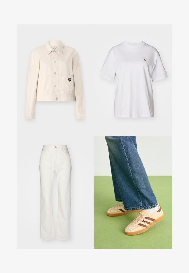 Gai krēmbalts džinsu jaka ar garām piedurknēm, apkakli, pogām ar spiedpogu, divām priekšējām kabatām un sirsniņveida melnu logotipu kreisajā kabatā.; Balta kokvilnas T-kreklā ar brīvu piegriezumu, īsām piedurknēm un mazu izšūtu logotipu kreisajā krūtīs.; Baltās denima bikses ar augstu vidukli un plašu piegriezumu. Iezīmējas ar pogu un rāvējslēdzēja aizdari, jostu cilpiņām un smalkiem šķiedru akcentiem.; Beidzīgi krēmbalti sporta apavi ar tekstūru un brūnā svītra, apvienoti ar zilu džinsu biksēm. Džinsus raksturo plata kāja un saplēsts apakšmalas dizains.