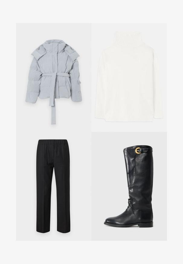 Casaco puffer cinza-claro com colarinho alto, cintura cinto e detalhes nos ombros com botões. Tecido suave com textura acolchoada e sem fechos visíveis.; Suéter branco de gola alta com colarinho e bainha canelados, apresentando uma textura suave e um corte oversized, ideal para uso casual.; Calças pretas com cintura elástica, design de perna reta e sem bolsos visíveis. Tecido liso com acabamento mate.; Bota de couro preta até ao joelho com bico arredondado, atacadores à frente, detalhe lateral e uma fivela dourada no topo. Textura suave.