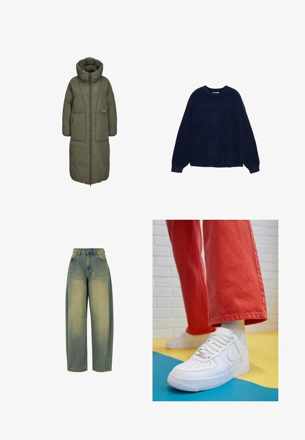 Olijfgroene lange gewatteerde jas met een hoge kraag, ritssluiting aan de voorkant en twee grote voorzakken. Glad, duurzaam materiaal met een gequiltde textuur.; Marineblauw gebreid trui gemaakt van zachte stof, met een ronde hals en brede mouwen, in een relaxte pasvorm zonder zichtbare patronen of materialen.; Lichtblauwe denim jeans met een wijdere pijp en vervaagde textuur. Voorzien van vijf zakken en een hoge taille. Net afgewerkte zoom en subtiele stikseldetails.; Witte leren sneaker met geperforeerde teenbox, gestructureerde zool en witte veters, gecombineerd met wijde rode broeken en een blauw-geel achtergrond.
