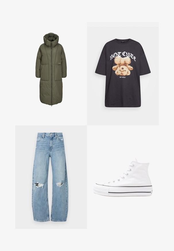 Olive green long padded coat with a high collar, front zip closure, and two large front pockets. Smooth, durable fabric with quilted texture.; Black oversized t-shirt featuring a graphic of a bear with the text “NOT CUTE BUT WILD” in bold, white lettering. Cotton material.; Light blue, high-waisted jeans made of denim. Feature wide legs, two torn knee areas, and classic five-pocket styling.; White high-top canvas sneaker with black rubber sole, front rubber toe cap, and six eyelets for laces, featuring a clean, minimalist design.