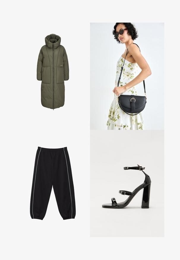 Oliwkowy, długi, ocieplany płaszcz z wysokim kołnierzem, zamek błyskawiczny z przodu i dwie duże kieszenie z przodu. Gładki, trwały materiał o pikowanej fakturze.; Czarny top na ramionczkach wykonany z bawełny, z okrągłym dekoltem i szerokimi wycięciami na ramionach. Gładka tekstura z przeszytymi brzegami. Klasyczny, minimalistyczny design.; Czarne spodnie dresowe z elastycznym pasem, wyposażone w białe boczne paski i ściągacze przy kostkach. Wykonane z miękkiej, elastycznej tkaniny.; Czarne lakierowane sandały na wysokim obcasie, z dwoma paskami zapinanymi na klamry, kwadratowy nosek i masywny obcas typu słupek, o gładkiej, błyszczącej fakturze.; Czarna skórzana torebka o zakrzywionym kształcie, z odpinanym paskiem i złotymi akcentami. Torebka posiada klapę z zapięciem w kształcie klamry.
