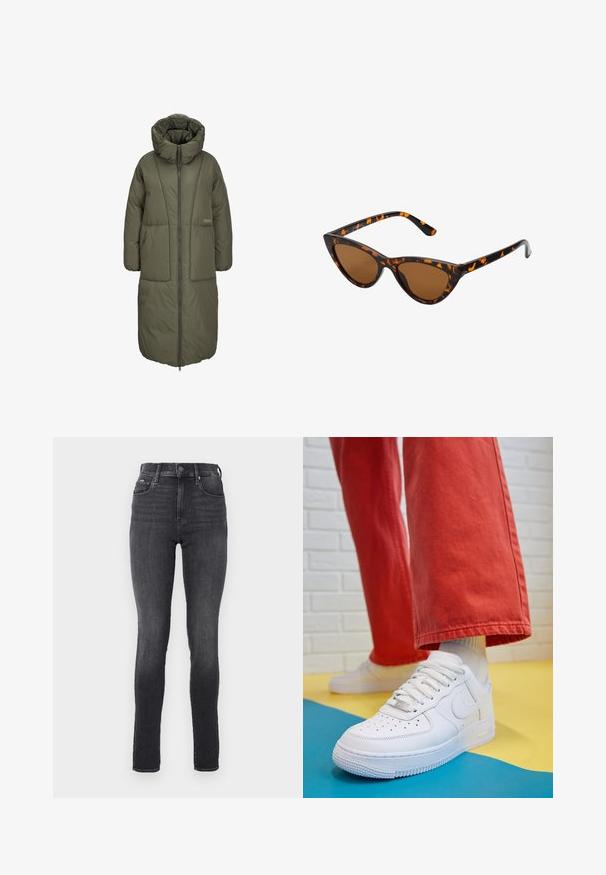 Olivově zelený dlouhý zateplený kabát s vysokým límcem, předním zipem a dvěma velkými předními kapsami. Hladká, odolná tkanina s prošívanou strukturou.; Bílý dlouhý rukáv rolák vyrobený z hladkého, elastického materiálu. Má vysoký límec a přiléhavý střih, bez viditelných vzorů nebo ozdob.; Džiny s vysokým pasem v tmavě šedém denimovém materiálu, hladká textura, s předními kapsami a kovovým knoflíkem na zapínání v pase.; Bílé kožené tenisky s perforovanou špičkou, texturovanou podešví a bílými tkaničkami, v kombinaci s širokými červenými kalhotami a modro-žlutým pozadím.; Sluneční brýle ve stylu kočičích očí s černo-oranžovým želvovinovým rámem, hnědými skly a elegantními, špičatými konci. Obsahují minimalistické logo na straně.