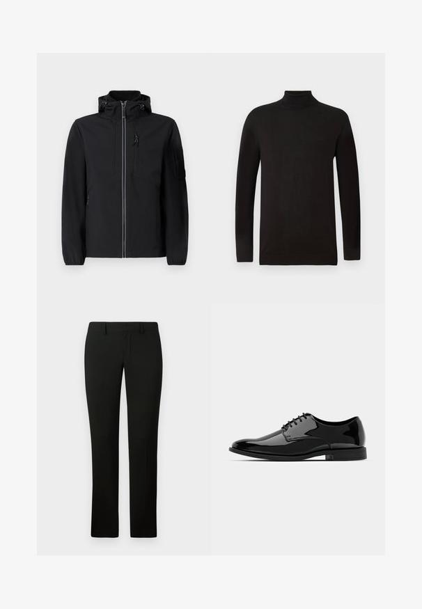 Black softshell jacket with a high collar, front zipper, two side pockets, and a chest pocket. Features adjustable hood and elastic cuffs.; Black turtleneck sweater in a soft knit fabric. Features long sleeves and a fitted design with a ribbed collar and hem. Minimal branding.; Black trousers with a tailored fit, featuring a smooth texture and straight leg design. The waistband has belt loops and a clean finish.; Black patent leather dress shoe with a rounded toe, lace-up design, and smooth, shiny surface. Features a low-profile rubber sole.