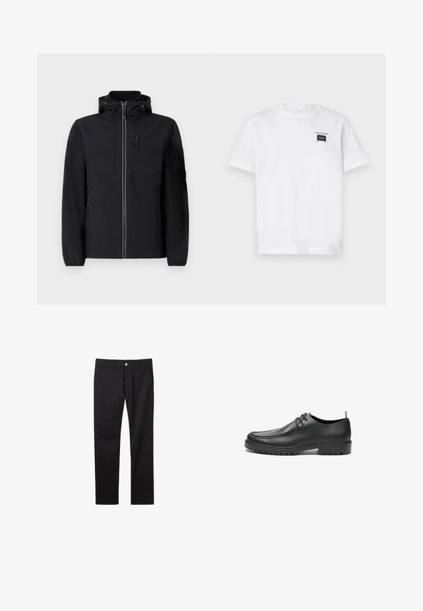 Veste softshell noire avec un col montant, fermeture éclair à l'avant, deux poches latérales et une poche poitrine. Équipée d'une capuche ajustable et de poignets élastiques.; T-shirt en coton blanc avec un col rond et des manches courtes. L'avant comporte une petite étiquette noire avec du texte et un design rectangulaire.; Pantalons en coton noir à coupe droite, avec poches avant, fermeture à un seul bouton et une texture lisse.; Chaussures en cuir noir avec une finition lisse, bout arrondi et coutures décoratives. Elles possèdent une semelle en caoutchouc avec des rainures de traction et un laçage.