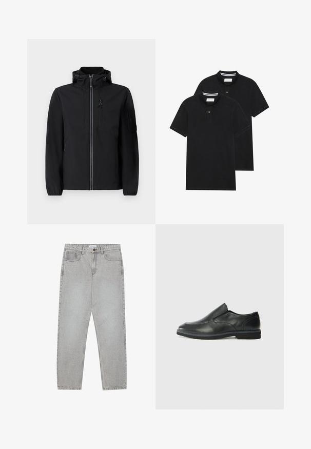 Giacca softshell nera con colletto alto, zip frontale, due tasche laterali e una tasca sul petto. Presenta un cappuccio regolabile e polsini elastici.; Due magliette polo nere, con maniche corte, in cotone, con colletto classico, pattina a due bottoni e dettagli a righe bianche all'interno del colletto.; Pantaloni in denim grigio chiaro con design a gamba dritta, stile a cinque tasche e chiusura con bottone. Cuciture visibili lungo le cuciture.; Scarpa nera in pelle con inserto scivolare, superiore liscio, dettagli cuciti, punta arrotondata e tacco in gomma basso. La suola presenta un battistrada minimale.