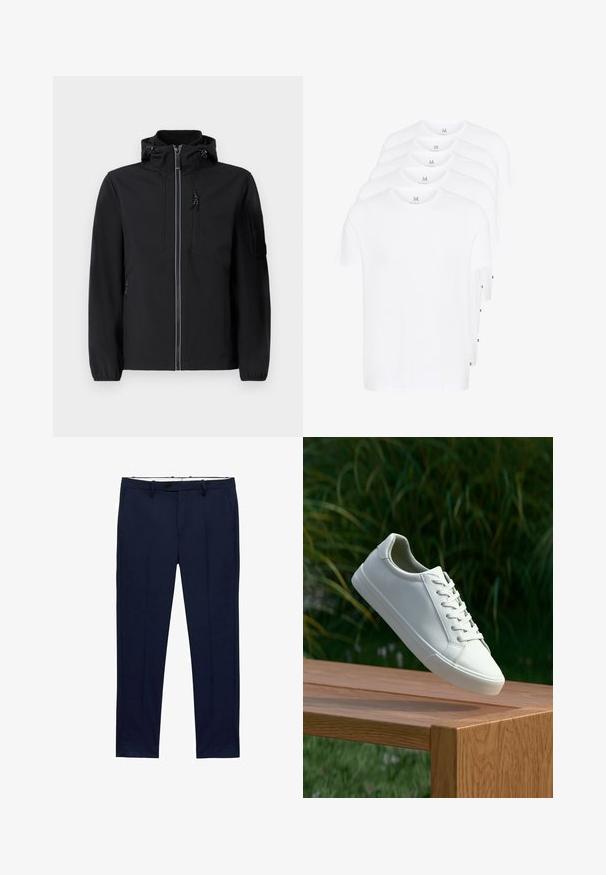 Black softshell jacket with a high collar, front zipper, two side pockets, and a chest pocket. Features adjustable hood and elastic cuffs.; White short-sleeve t-shirts stacked, made of cotton. Features a round neck and a straight cut. Fabric appears smooth with no patterns.; Navy blue trousers with a slim fit and pinstripe pattern. Features a zipper fly, belt loops, and front pockets. Smooth fabric texture.; White lace-up sneaker hovering above wooden bench with green foliage in the background, showcasing shoe design and texture.