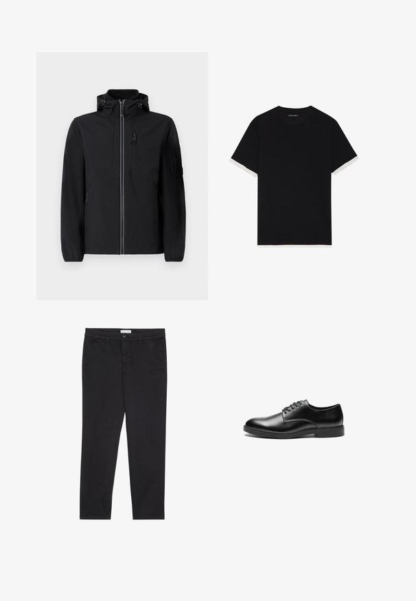 Fekete lágy héjú dzseki magas gallérral, elülső cipzárral, két oldalsó zsebbel és egy mellzsebbel. Állítható kapucnival és rugalmas mandzsettákkal rendelkezik.; Fekete, rövid ujjas póló, texturált anyagból, fehér részletekkel a mandzsettákon. Kerek nyakkivágás, laza fazon.; Fekete pamut nadrág, slim fit fazonban, két oldalsó zsebbel és elülső gombos zárással. Textúrált anyag finom részletekkel.; Fekete bőr elegáns cipő sima felülettel, kerek orral, hat fűzőlyukú, cipzáros kialakítással és lapos gumi talppal.