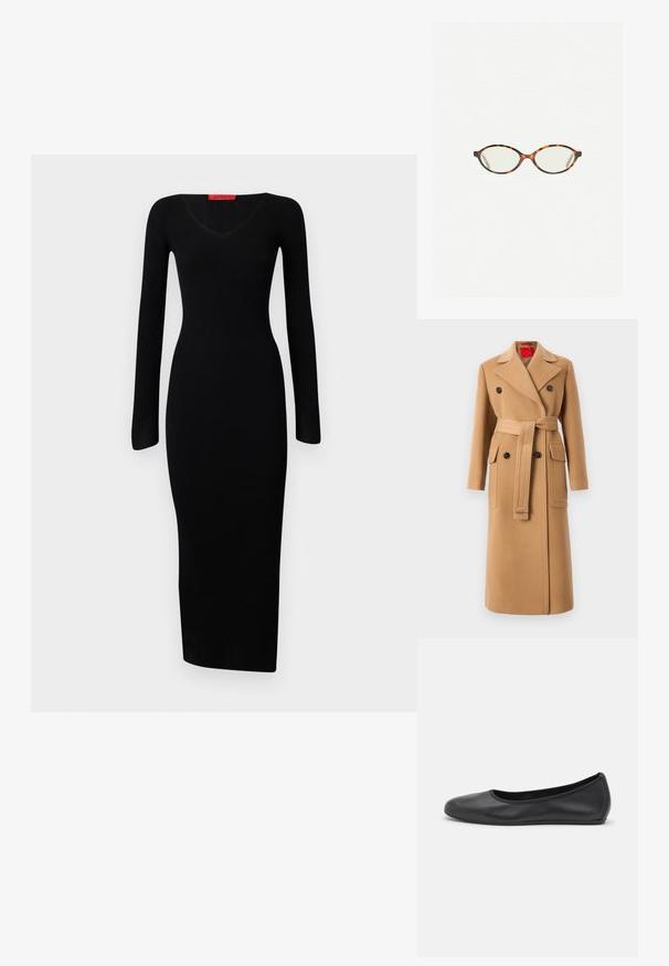 Bež plašč iz volnene mešanice z pasom na zavezovanje, dvojno zaponko in velikimi žepi z zavihki. Opazna ostra reverja in gladka tekstura.; Črna, rebrasta obleka z dolgimi rokavi in V-izrezom, oprijet zgornji del in ravna spodnja obleka, izdelana iz raztegljive tkanine za prilegnjeno silhueto.; Črne usnjene balerinke z zaobljenim nosom, gladko teksturo, minimalnimi šivi in fleksibilno zasnovo podplata.; Kornjačaste očala z ovalnimi lečami in gladko, sijočo površino. Imajo tanke stranice z rahlim ovinkom na templjih. Prosojne leče.