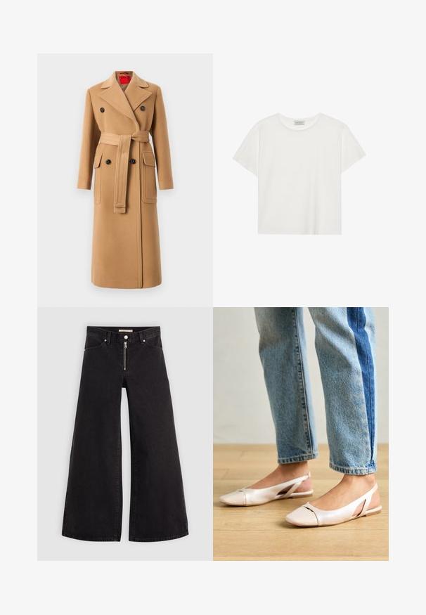 Beige gyapjú keverék kabát övvel a deréknál, dupla gombolású dizájnnal és nagy hajtókás zsebekkel. Figyelemre méltó csúcsos hajtóka és sima textúra.; Fehér, rövid ujjú póló, puha pamutból készült. Kerek nyakkivágással és laza szabással rendelkezik. Tiszta dizájn, látható minták vagy díszítések nélkül.; Fekete denim széles szárú farmer, cipzáros elejével, öt zsebes kialakítással és diszkrét varrással. Sima textúra és laza stílus.; Világos rózsaszín slingback laposlábú cipők, hegyes orral, sima bőrhatású anyagból készült. Oldalt kivágott részletek találhatók rajta, valamint lapos sarkú.