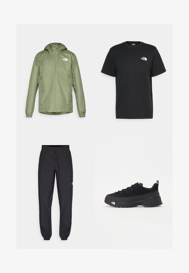 Oliven grøn vandtæt jakke med hætte, lynlås foran, elastiske manchetter og broderet logo på venstre bryst. Glat tekstur.; Sort bomulds t-shirt med korte ærmer, rund hals og et lille hvidt logo på venstre bryst. Enkel design, glat tekstur og afslappet pasform.; Sorte atletiske bukser lavet af letvægtsstof, med en snor i taljen, sidelommer og tapered manchetter ved anklerne.; Sort udendørs sneakers med overdel i ruskind, tekstureret gummisål og robust snøringssystem. Har en forstærket hæl og logo fra mærket på siden.