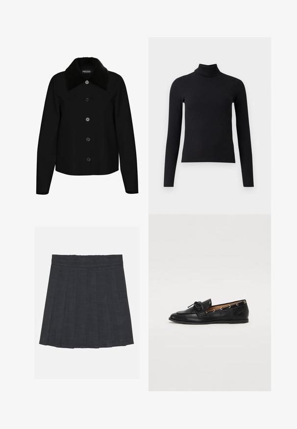 Μαύρο μπουφάν με βελούδινο μαύρο γιακά, κλείσιμο μπροστά με έξι κουμπιά, μακριά μανίκια και κοντή σχεδίαση. Λείος υφάσματος και απλή σιλουέτα.; Μαύρο ριμπ τζάκετ με ψηλό λαιμό, μακριά μανίκια, εφαρμοστή σχεδίαση, λεία υφή και ψηλό γιακά. Χωρίς ορατά σχέδια ή στολίδια.; Σκούρο γκρι πλισέ φούστα με ελαστική μέση, κατασκευασμένη από υφασμάτινο υλικό με υφή και κλασική A-line σιλουέτα. Κατάλληλη για καθημερινές εμφανίσεις.; Μαύρες δερμάτινες μπαλαρίνες με σφιχτό φιόγκο, με χρυσές οπές στα πλάγια και επίπεδη ελαστική σόλα. Λείος υφής, κλασικός σχεδιασμός.