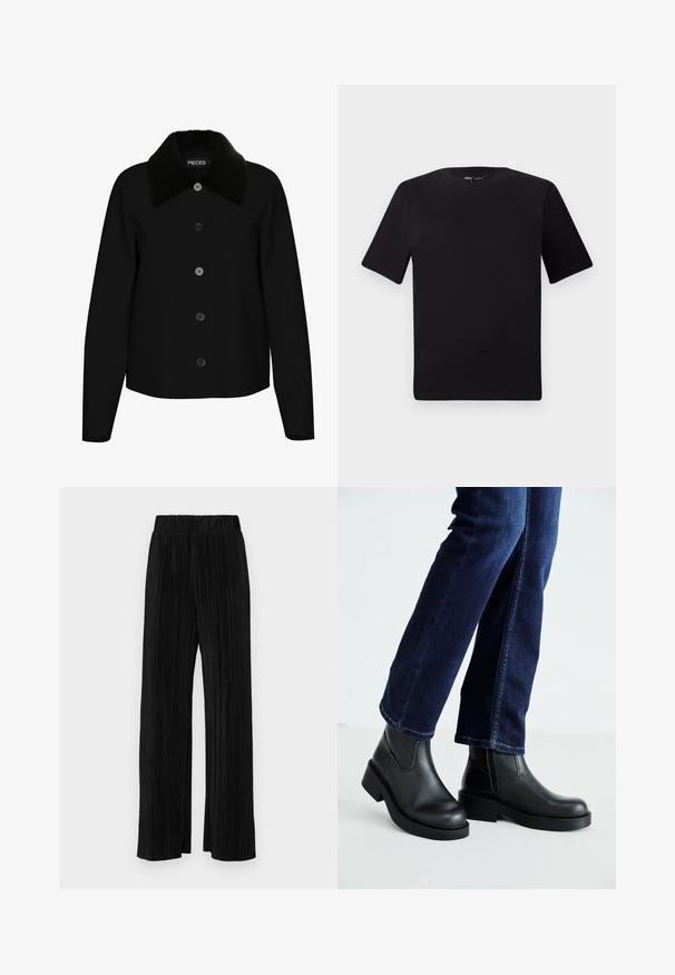 Casaco preto com colarinho de pelúcia preto, fechamento frontal com seis botões, mangas longas e design cropped. Textura suave e silhueta simples.; T-shirt preta de mangas curtas com decote redondo, feita de tecido de algodão suave. Design simples, sem logótipos ou padrões visíveis.; Calças pregueadas pretas com uma cintura elástica. Apresentam pernas largas e um tecido liso, texturizado com riscas verticais.; Botas de tornozelo de couro preto com sola grossa e painéis elásticos laterais, combinadas com jeans azul escuro. O chão é de cor clara.