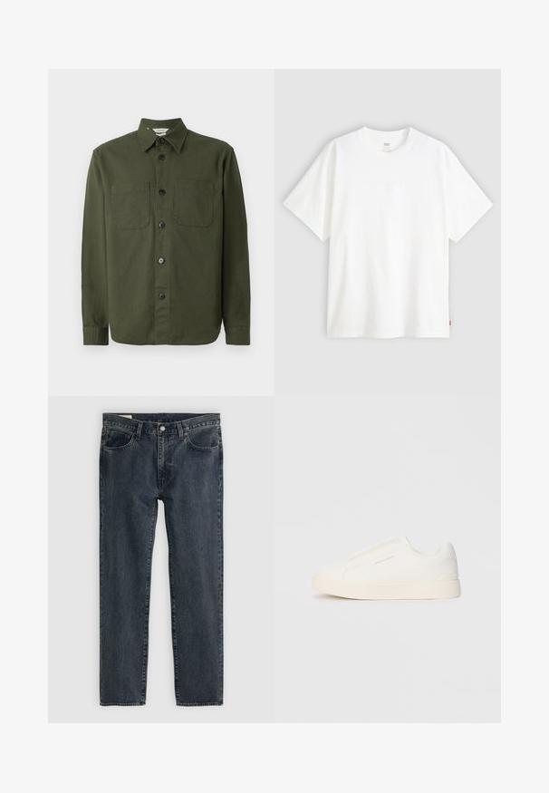 Mørkegrønn skjorte med knapper laget av mykt stoff, med krage, to brystlommer og svarte knapper langs frontplagget.; Hvit t-skjorte med korte ermer laget av bomull, med rund hals. Har diskret preget logo detalj foran og en rød etikett på kanten.; Mørkeblå denimjeans med rett ben-design, fem lommer og knappestang. Tøyet viser en subtil falming og tekstur.; Hvite slip-on joggesko med teksturert overflate, tykk såle og minimalistisk design. Har merkevarelogo på siden.