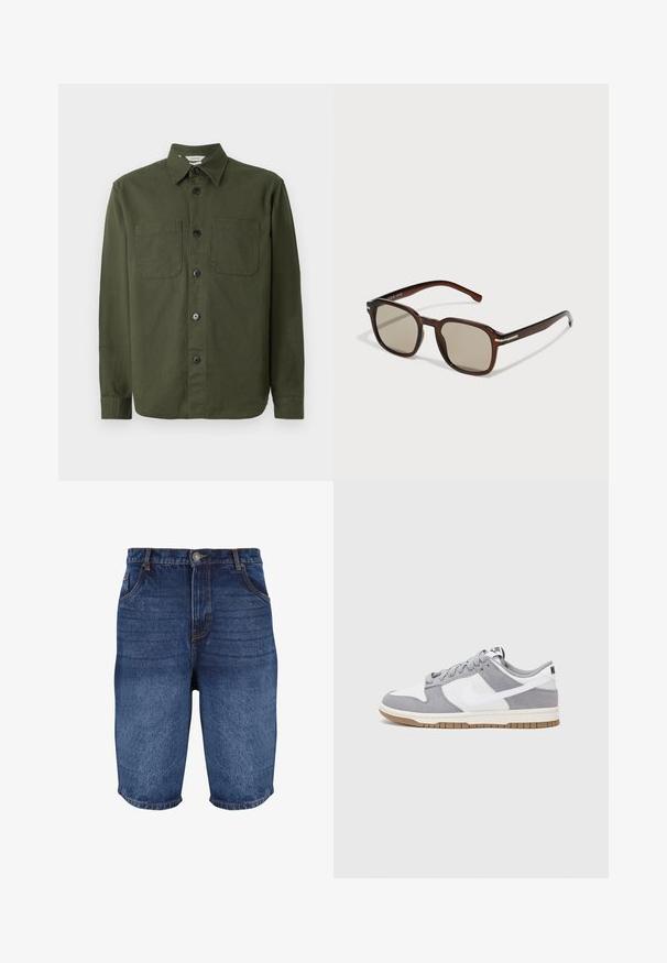 Tamsiai žalia mygtukų marškiniai, pagaminti iš minkštos medžiagos, su apykakle, dviem krūtinės kišenėmis ir juodais mygtukais priekyje.; Trys beblauzdžiai marškiniai pilkos, baltos ir juodos spalvų. Minkšta medvilnės medžiaga, apvaliu iškirpimu ir laisvu siluetu. Paprastas dizainas, be raštų.; Tamsiai mėlynos džinsinės šortai su nudilusiomis detalėmis. Yra penkios kišenės, priekinis mygtuko užsegimas ir siuvinėjimas palei siūles.; Pilka ir balta sportinė avalynė su zomšiniu ir odiniu viršumi, suapvalintu pirštu, plokščiomis raištelėmis ir guminėmis padais su guminiu akcentu.; Rudoni stačiakampiai saulės akiniai su tonuotais lęšiais, plastikinėmis rėmeliais ir metaliniais akcentais šonuose. Jiems būdingas elegantiškas dizainas ir lygus paviršius.