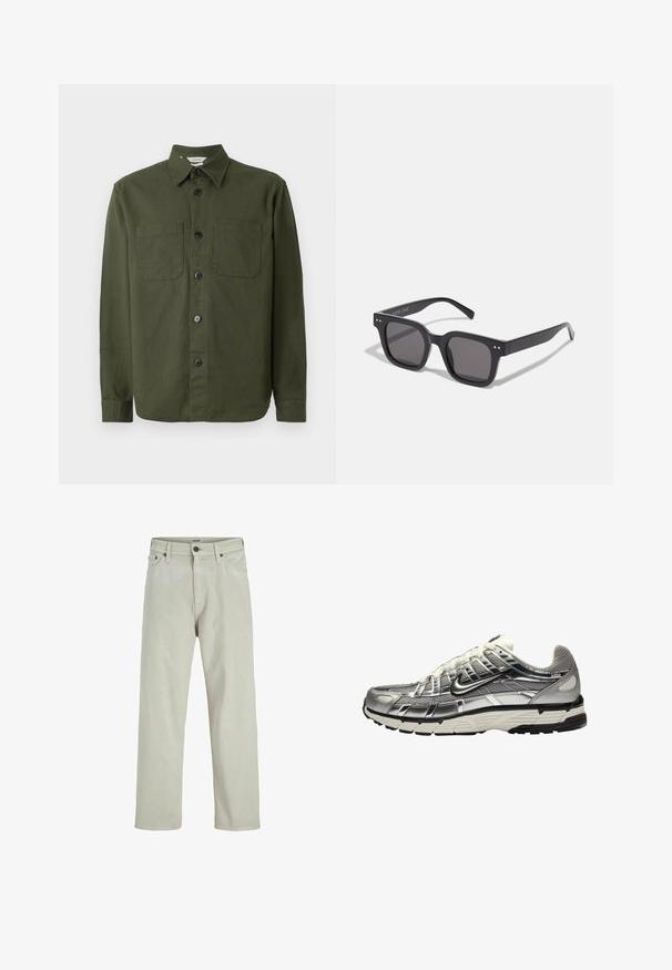 Tummanvihreä nappikauluspaita, joka on valmistettu pehmeästä kankaasta. Paidassa on kaulus, kaksi rintataskua ja mustat napit etuosassa.; Mustat ja valkoiset crew-neck t-paidat, lyhyet hihat, valmistettu puuvillakankaasta, sileä pinta, jossa brändäys kaula-aukossa.; Vaaleanbeige farkut, joissa on suora lahje, viisikotelo-staili ja napitus vyötäröllä, joissa on vähäiset ompelu-yksityiskohdat.; Hopeinen ja musta urheilujalkine, jossa on verkkokangas- ja synteettinen päällinen, tilava muotoilu ja teksturoitu pinta. Varustettu pehmustetulla nilkkareunalla ja kumipohjalla.; Mustat suorakulmaiset aurinkolasit tummilla linsseillä, joissa on paksu kehys, hienovaraiset yksityiskohdat sivuilla, eikä näkyviä logoja brändin nimen lisäksi.