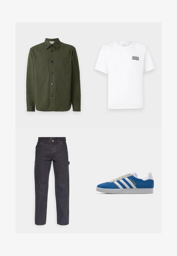 Cămașă de culoare verde închis, cu nasturi, confecționată dintr-un material moale, având guler, două buzunare pe piept și nasturi negri pe întreaga lungime a plăcii frontale.; Trișor alb din bumbac, cu mâneci scurte și guler rotund. Prezintă un logo cu text negru "JACK & JONES" în zona stângă a pieptului. Design simplu, de bază.; Pantaloni cargo gri închis, confecționați dintr-un material durabil, cu croială dreaptă, cinci buzunare și închidere cu nasture la talie.; adidas Originals ADIDAS GAZELLE SHOES - Ghete de fotbal de sală - real madrid/bluebird/footwear white/crew yellow