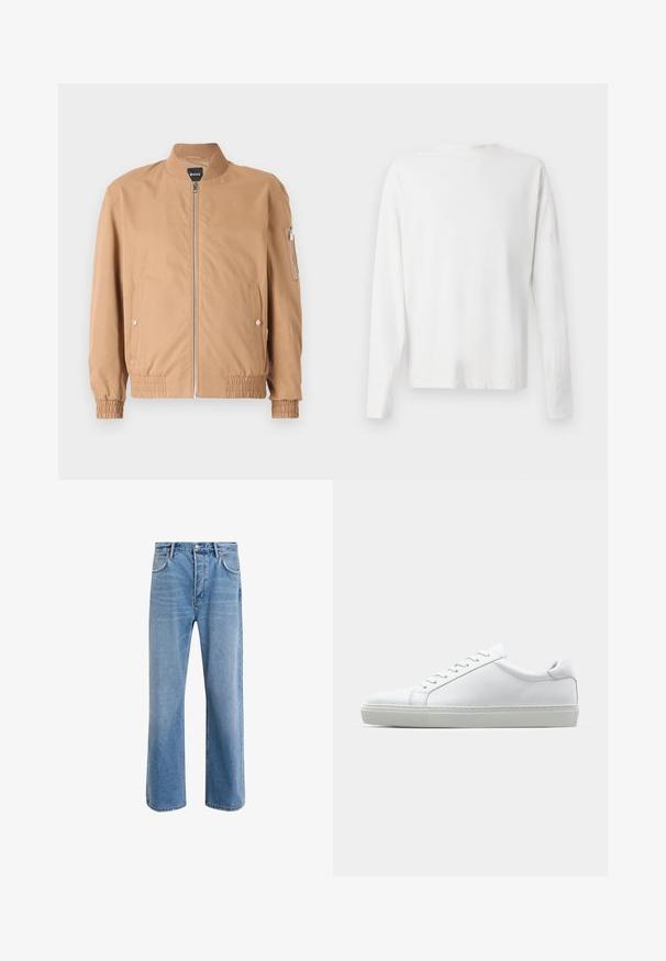 Jaqueta bomber tan com gola canelada, fecho frontal com zíper, dois bolsos laterais e punhos elásticos com um pequeno bolso com zíper no braço esquerdo.; Camisa de algodão branca de mangas longas com decote redondo, fendas laterais na parte inferior e uma textura suave, mostrada de trás.; Calças de ganga azul claro com um design de perna reta, cinco bolsos, fecho de botão, desgaste mínimo e detalhes de costura em contraste.; Sapatilha branca com um cabedal em couro liso e de perfil baixo. Apresenta um bico redondo, seis ilhoses e uma sola de borracha texturizada.