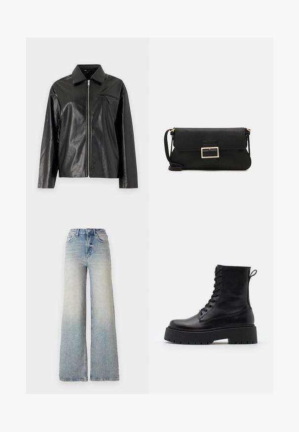 Svart läderjacka med en slät textur, dragkedja framtill och spetsig krage. Har en liten, dekorativ sned ficka.; Svart långärmad topp i ett slätt tyg, med rund halsringning och veckade detaljer vid axlarna och ärmsluten.; Ljusblå vida jeans gjorda av denim, med hög midja, fem fickor och synlig sömnad längs sömmarna.; Svarta läderankelboots med rund tå, snörning framtill och en tjock gummisula med strukturerat mönster. Dragflik bak.; Svart läderkuvertväska med en klaff och detalj i guldmetallspänne. Innehåller en svart rem och en elegant, minimalistisk design.; Guldiga hoopsörhängen, tunna och runda i formen, med en slät metallisk finish utan utsmyckningar eller mönster.