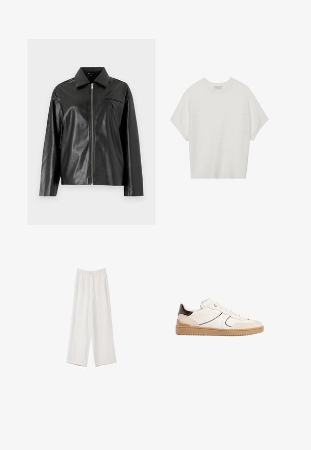 Crna kožna jakna s glatkom teksturom, zatvaračem sprijeda i šiljatim ovratnikom. Ima mali ukrasni kutni džep.; Bijela majica kratkih rukava s širokim okruglim izrezom i teksturiranim rebrastim uzorkom, izrađena od mekog materijala, s opuštenim krojem i čistim dizajnom.; Bijele hlače širokih nogavica napravljene od lagane tkanine. Imaju elastičan pojas s ušicom i bočne džepove. Glatka tekstura.; Stradivarius Tenisice - white