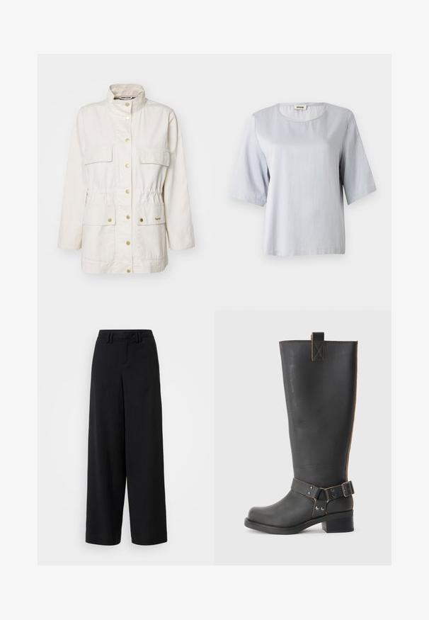 Barbour MAEVA UTILITY CASUAL - Parka - salt/summer navy/ecru; Light gray short-sleeve top with a round neckline, made of soft fabric. Simple design with a loose fit, featuring clean edges and no embellishments.; Black wide-leg trousers made of smooth fabric, featuring a flat-front design, pleated details, and belt loops at the waistband.; Black leather knee-high boot with a textured finish, featuring a side buckle accent and a low heel. Detailed stitching along the seams.