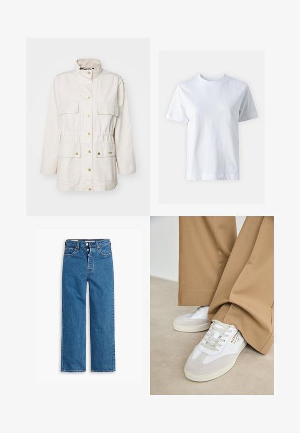 Barbour - Parka; Biała koszulka bawełniana z okrągłym dekoltem, krótkimi rękawami, prostym krojem i gładką fakturą. Bez wzorów ani ozdób.; Niebieskie dżinsy o prostym kroju i wysokim stanie, z pięcioma kieszeniami i zapięciem na guziki. Widoczne szwy i miedziowane nity.; Białe trampki z zamszowymi akcentami, teksturowanym sznurowaniem i gumową podeszwą. W połączeniu z luźnymi brązowymi spodniami. Logo umieszczone z boku.