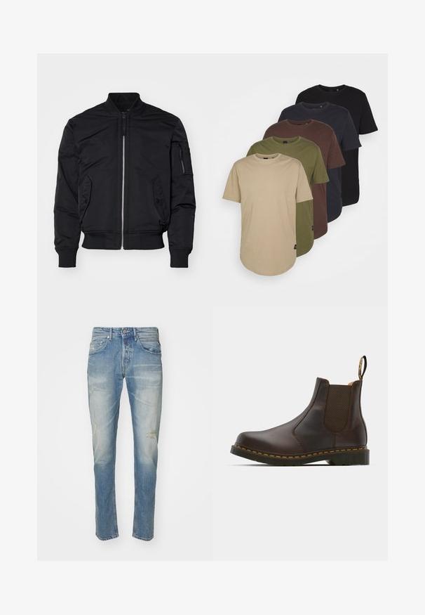 Replay JACKET - Bombertakki - black; Viisi t-paitaa järjestettynä gradienttiväreissä: beige, oliivi, ruskea, tummansininen ja musta. Valmistettu pehmeästä puuvillasta, lyhyillä hihoilla ja pyöreällä kauluksella.; Vaaleansiniset farkut, joissa on haalistunut viimeistely, hienovaraisia kulutuksia polvissa, suoran lahkeen muotoilu, viisi taskua ja metallinen nappikiinnitys.; Ruskean nahkainen Chelsea-kengä, jossa on elastiset sivupaneelit, teksturoitu korko ja kontrastivärinen keltainen tikkaus. Varustettu vetoketjulla helppoa pukemista varten.