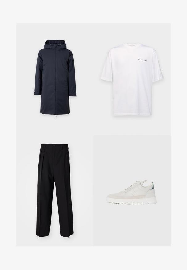 EA7 Emporio Armani CABAN - Χειμωνιάτικο παλτό - blue; Λευκό κοντομάνικο μπλουζάκι από βαμβάκι με V-λαιμό, διαθέτει μαύρο λογότυπο "FILLING PIECES" τυπωμένο στην αριστερή πλευρά.; Μαύροι πιέτες παντελόνια με ίσια, φαρδιά γραμμή. Κατασκευασμένα από λείο ύφασμα, με κλείσιμο με κουμπί και θηλιές για ζώνη.; Λευκά δερμάτινα αθλητικά παπούτσια με γκρι σουέντ λεπτομέρειες, σχέδιο με κορδόνια, λαβή στο πίσω μέρος και υφασμάτινη σόλα από καουτσούκ με ζιγκ-ζαγκ σχέδιο.