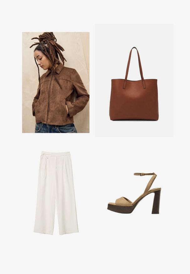 Mladý člověk s dlouhými hnědými dredy stojí proti světle dřevěné stěně, na sobě má hnědou semišovou bundu a modré džíny, ruce v kapsách, hlava skloněná dolů.; Bílý krátký rukáv tričko vyrobené z bavlny. Má kulatý výstřih a volný střih. Hladký materiál bez viditelných vzorů nebo akcentů.; Kalhoty širokého střihu v off-white látce s hladkým povrchem. Mají zavázaný pas a na přední straně jsou plisé, navrženy pro pohodlné nošení.; Bežové semišové sandály na vysokém podpatku s širokým předním páskem a páskem kolem kotníku, s masivním dřevěným blokovým podpatkem s texturovaným povrchem.; Hnědá kožená taška přes rameno s hladkou texturou, otevřeným designem a dvěma ramenními popruhy. Obsahuje minimální švy a žádné viditelné kovové prvky.