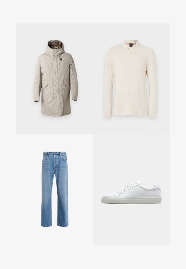 Lys beige, knelengde parka med hette, trykknapper og to sidelommer. Jevn, lett rynket tekstur med et logo-patch på ermet.; Langermet polo skjorte i lys beige, laget av glatt stoff, med polo krage, to knappelukking, og en liten logo lapp på brystet.; Lys blå denimjeans med rett ben-design, fem lommer, knappeåpning, minimal falming og kontrasterende sømdetaljer.; Hvit sneakers med en glatt skinnoverdel og lav profil. Har en rund tå, seks snøring hull, og en teksturert gummisåle.